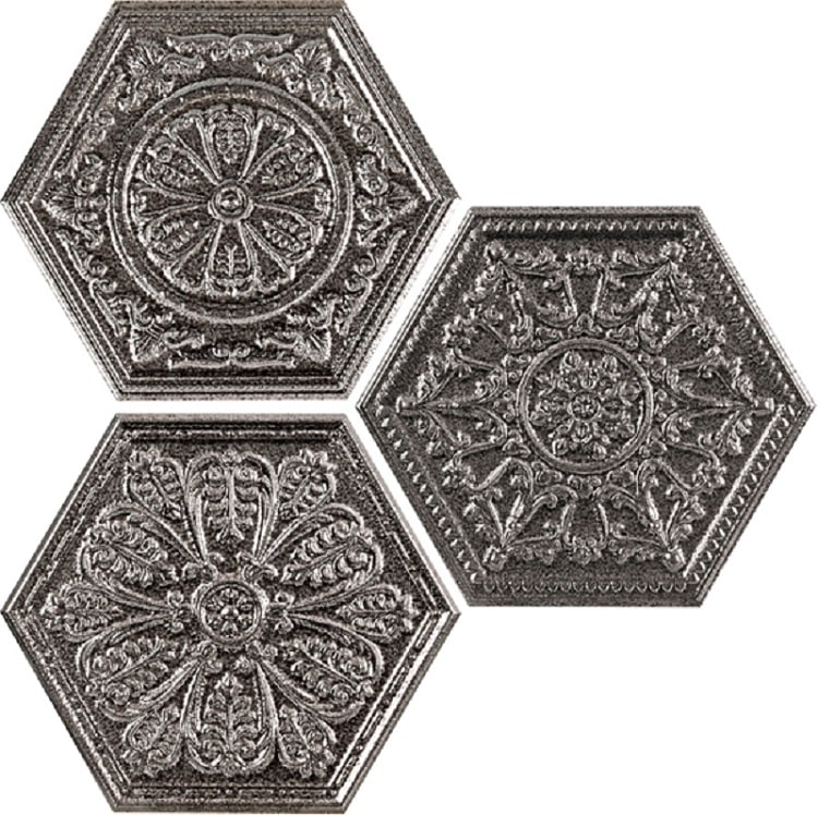 Carrelage hexagonal aspect argent décoré ZINC SILVER MIX DECOR 25x30 cm - 0.935m² - 2