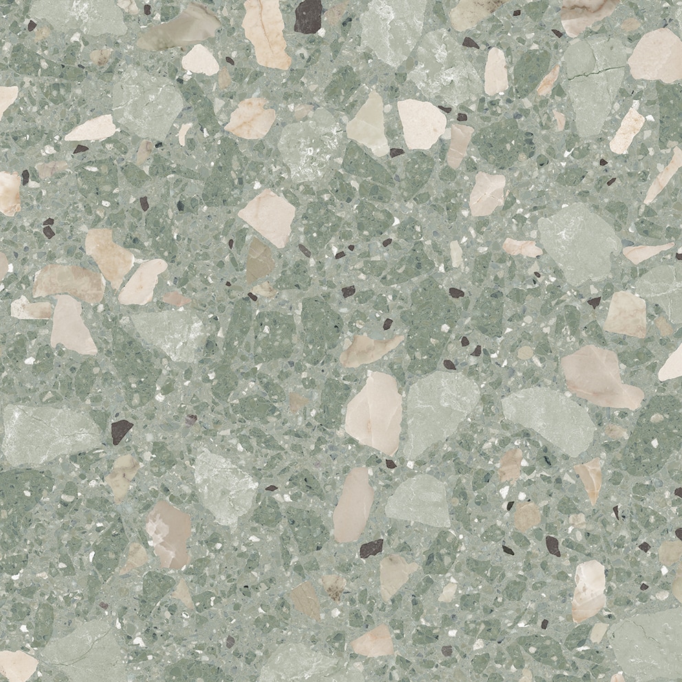 Carrelage Terrazzo vert avec nuances de beige et touches de marron, format 80x80 cm