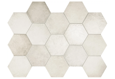 Carrelage hexagonal aspect pierre blanc nuancé de gris sans motifs