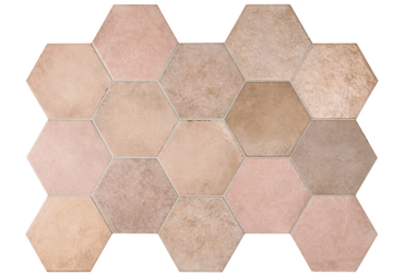 Carrelage aspect brique en nuances de rose variées, forme hexagonale sans motifs visibles