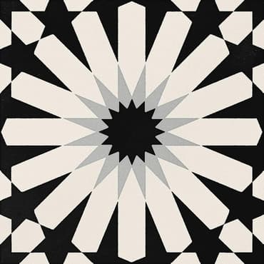 Carreau de ciment noir et blanc motif étoilé dynamique 20x20 cm