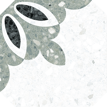Carrelage Terrazzo vert avec nuances de blanc et gris, motifs abstraits, 20x20 cm