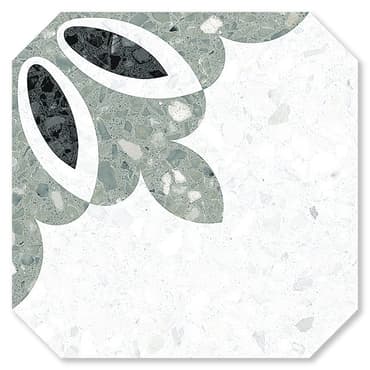 Carrelage Terrazzo vert avec nuances de blanc et gris, motifs abstraits, 20x20 cm