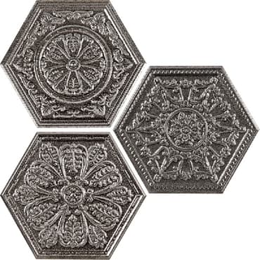 Carrelage hexagonal aspect argent décoré ZINC SILVER MIX DECOR 25x30 cm - 0.935m²