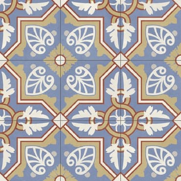 Carreau de ciment multicouleur avec motifs floraux et géométriques en bleu, doré et blanc, 60x60 cm
