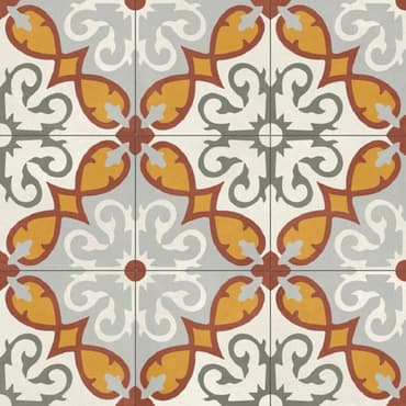 Carreau de ciment multicouleur orné de motifs floraux et géométriques en orange gris et rouge brique 60x60 cm