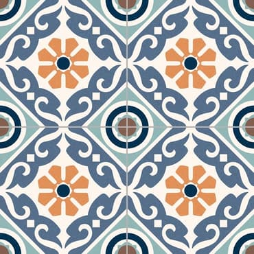 Carreau de ciment multicouleur avec motifs floraux et géométriques en bleu, orange, et gris, taille 30x30 cm