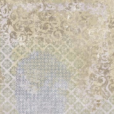 Carrelage aspect tissu beige avec motifs floraux et géométriques nuances de bleu et gris taille 60x60 cm