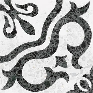 Carrelage Terrazzo noir et blanc motifs arabesques 20x20 cm