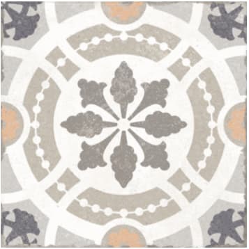 Carreau de ciment multicouleur avec motifs floraux et géométriques en gris, beige et orangé, taille 20x20 cm