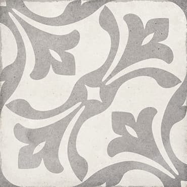 Carreau de ciment gris avec motifs floraux en nuances de gris, taille 20x20 cm