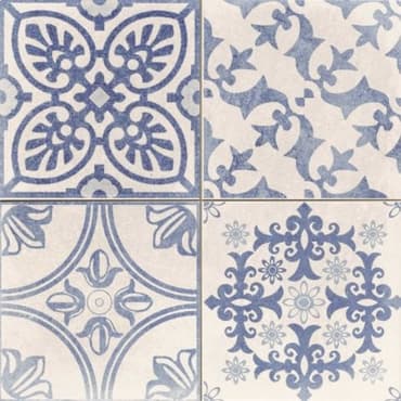 Carreau de ciment bleu motifs floraux et géométriques blancs 45x45 cm