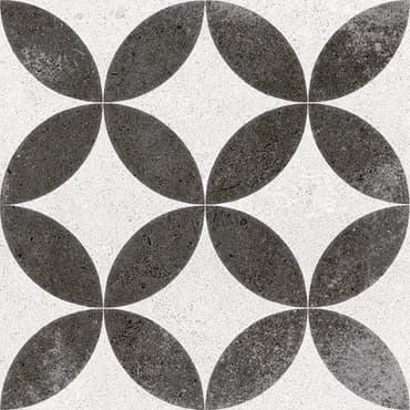 Carreau de ciment noir avec motifs floraux blancs, 20x20 cm