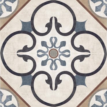 Carreau de ciment multicouleur avec motifs floraux et géométriques en beige, bleu marine et touches de rouge, 20x20 cm