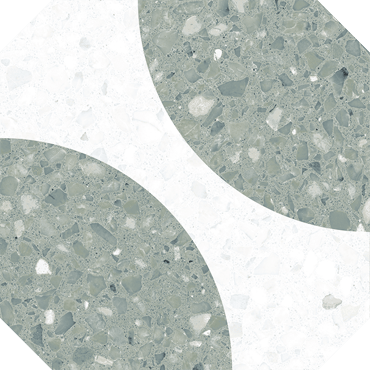 Terrazzo vert avec nuances de blanc, gris, et touches de verre 20x20 cm