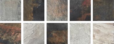 Carrelage effet pierre multicouleur avec nuances de gris, noir et accents rouille, texture naturelle 20x20 cm