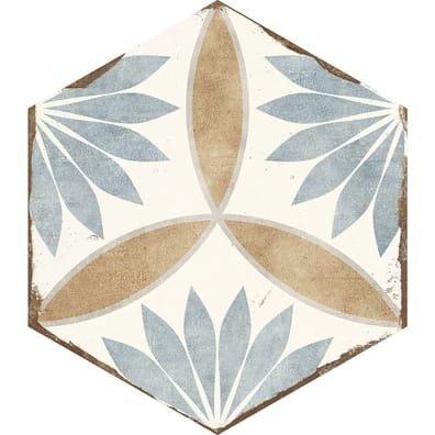 Carreau de ciment multicouleur avec motifs floraux géométriques en teintes de bleu et beige