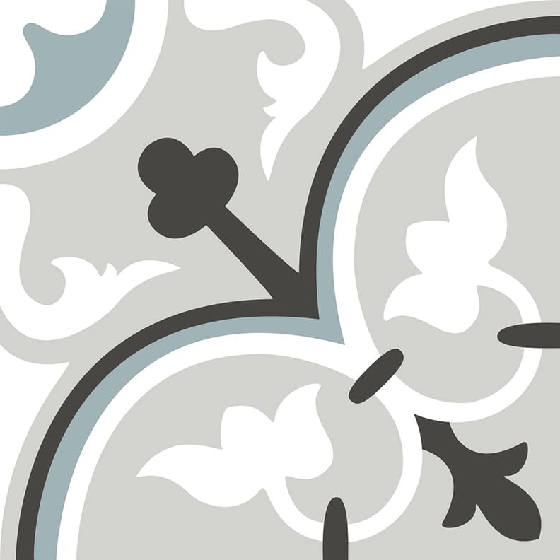 Carreau de ciment gris à motifs floraux en nuances de gris et blanc, taille 20x20 cm