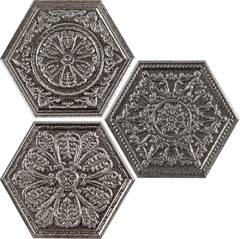 Carrelage hexagonal relief aspect argent décoré ZINC SILVER MIX DECOR 25x30 - 0.935m²