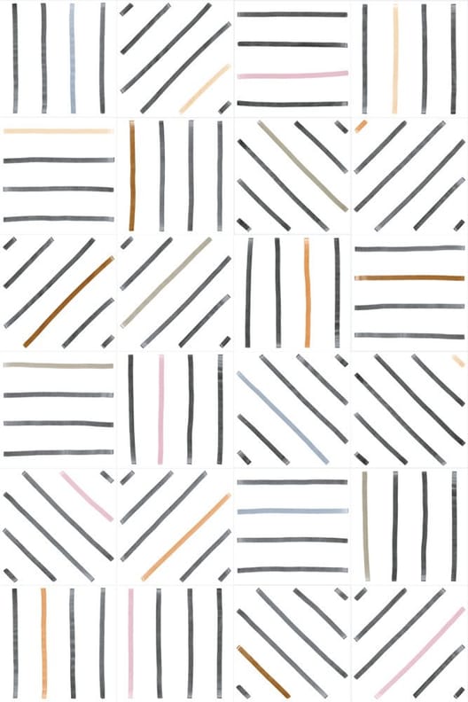 Carrelage effet tissu multicouleur avec rayures grises, noires, roses, bleues et oranges, taille 20x20 cm