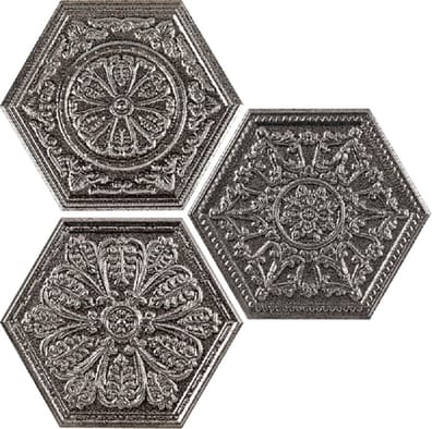 Carrelage hexagonal relief aspect argent décoré ZINC SILVER MIX DECOR 25x30 - 0.935m²