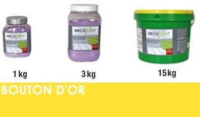 Trois contenants de joint pour carrelage marque DECOJOINT en différentes tailles et capacités