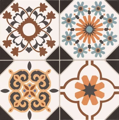 Carreau de ciment Terracotta et bleu motifs floraux et géométriques 30x30 cm