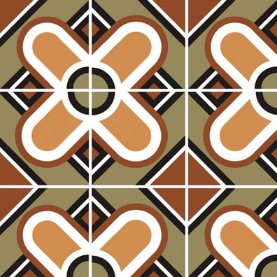 Carreau de ciment multicouleur avec motifs floraux et géométriques en vert, orange, blanc et noir, taille 20x20 cm