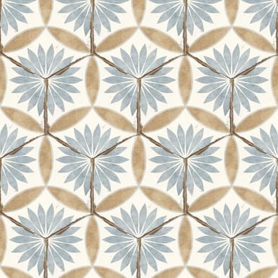 Carreau de ciment multicouleur avec motifs floraux bleus et ocre sur fond beige