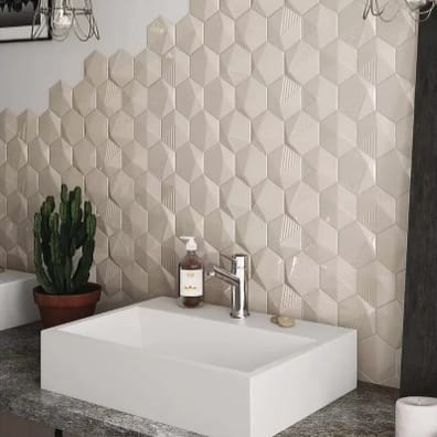 Faïence hexagonale décorée à relief MAFINGA UMBRELLA GREIGE 12,4X10,7 cm - 0,36 m²