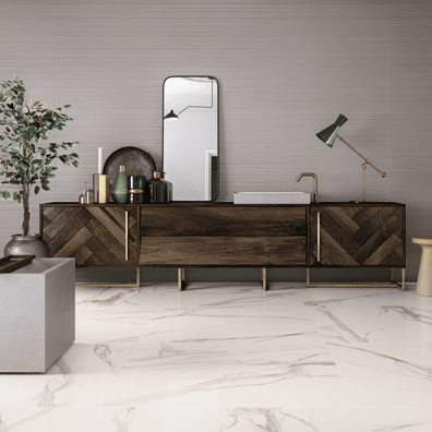 Carrelage effet marbre grand format ELEMENTS LUX CALACATTA LAPATTO - 120X120 - 1,44 m²