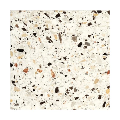 Carrelage Terrazzo multicouleur avec des éclats de pierre en nuances de marron, beige, gris et noir, dimension 60x60 cm