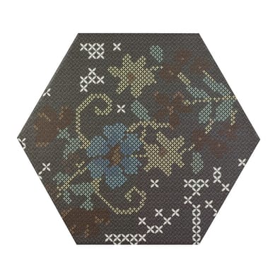 Carrelage hexagonal décoré effet textile PUNTO CROCE BLACK DECOR 25x30 - 0.935m²