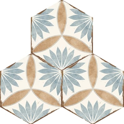 Carreau de ciment multicouleur avec motifs floraux en bleu beige et marron