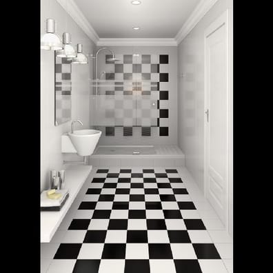 Carrelage uni noir et blanc sans motifs dans une salle de bain moderne avec murs gris, meubles blancs et des accents chromés