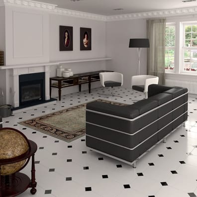 Carrelage uni blanc avec incrustations noires 30x30 cm dans un salon moderne aux murs blancs et mobilier noir et bois