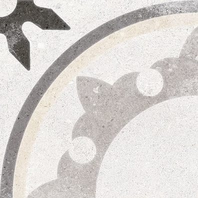 Carreau de ciment gris avec motifs géométriques et floraux en nuances de gris clair et foncé taille 20x20 cm