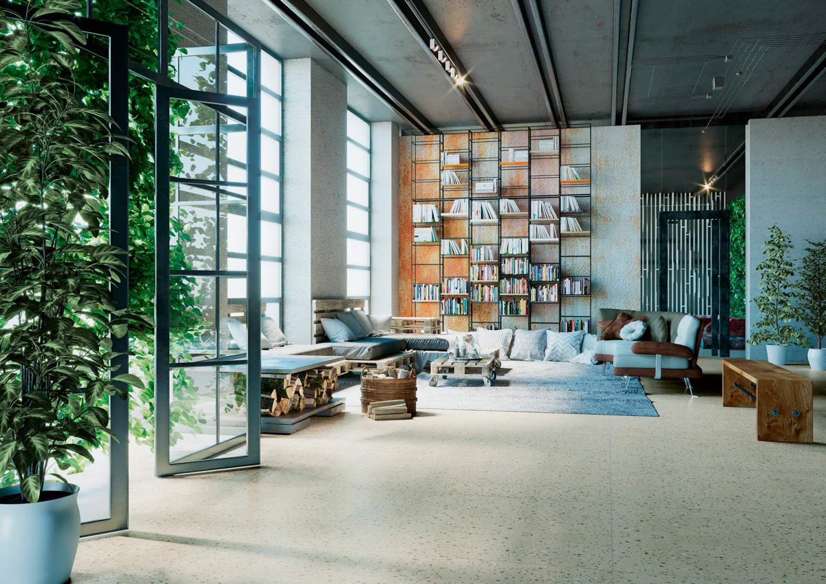 Carrelage Terrazzo vert éclats beige et noir 60x60 cm dans un salon moderne tons neutres meubles bois et canapé en cuir