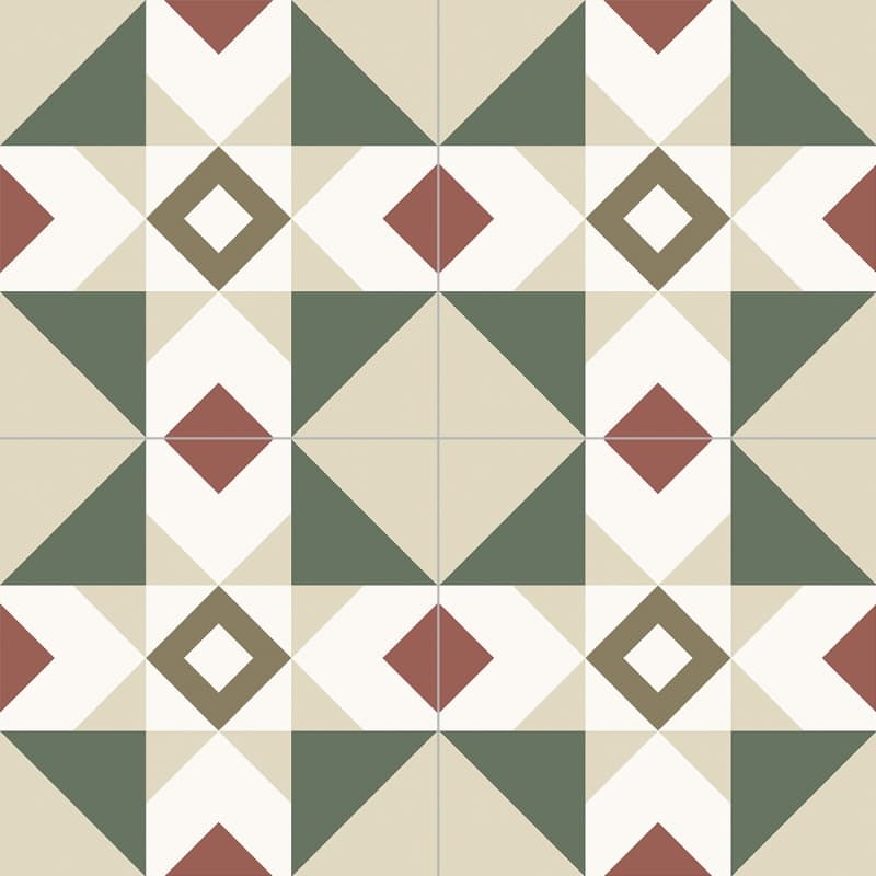 Carreau de ciment vert avec motifs géométriques en tons de beige et rouge, taille 20x20 cm