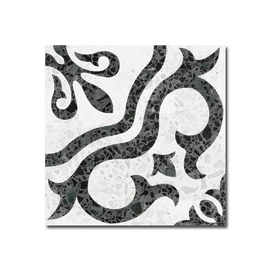 Carrelage Terrazzo noir et blanc avec motifs ondulés élégants 20x20 cm