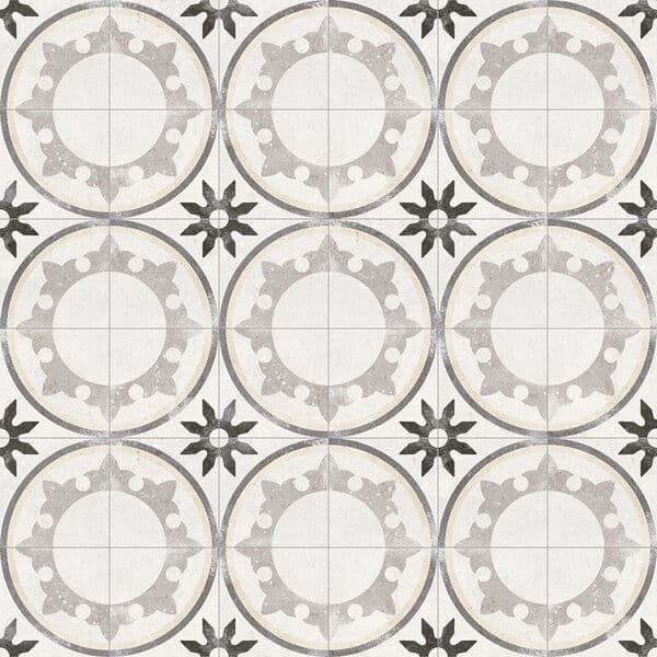 Carreau de ciment gris avec motifs géométriques et étoiles en nuances de gris 20x20 cm