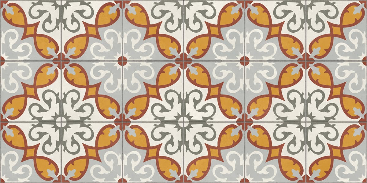 Carreau de ciment multicouleur avec motifs floraux et géométriques en orange, gris et blanc, 60x60 cm
