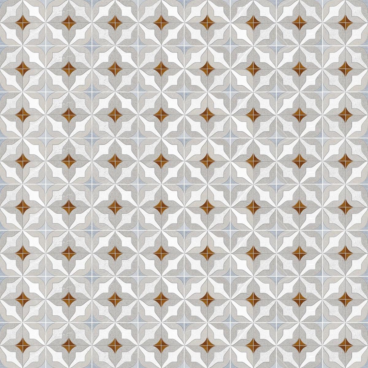 Carreau de ciment multicouleur motifs géométriques blancs, gris et marron clair 15x15 cm