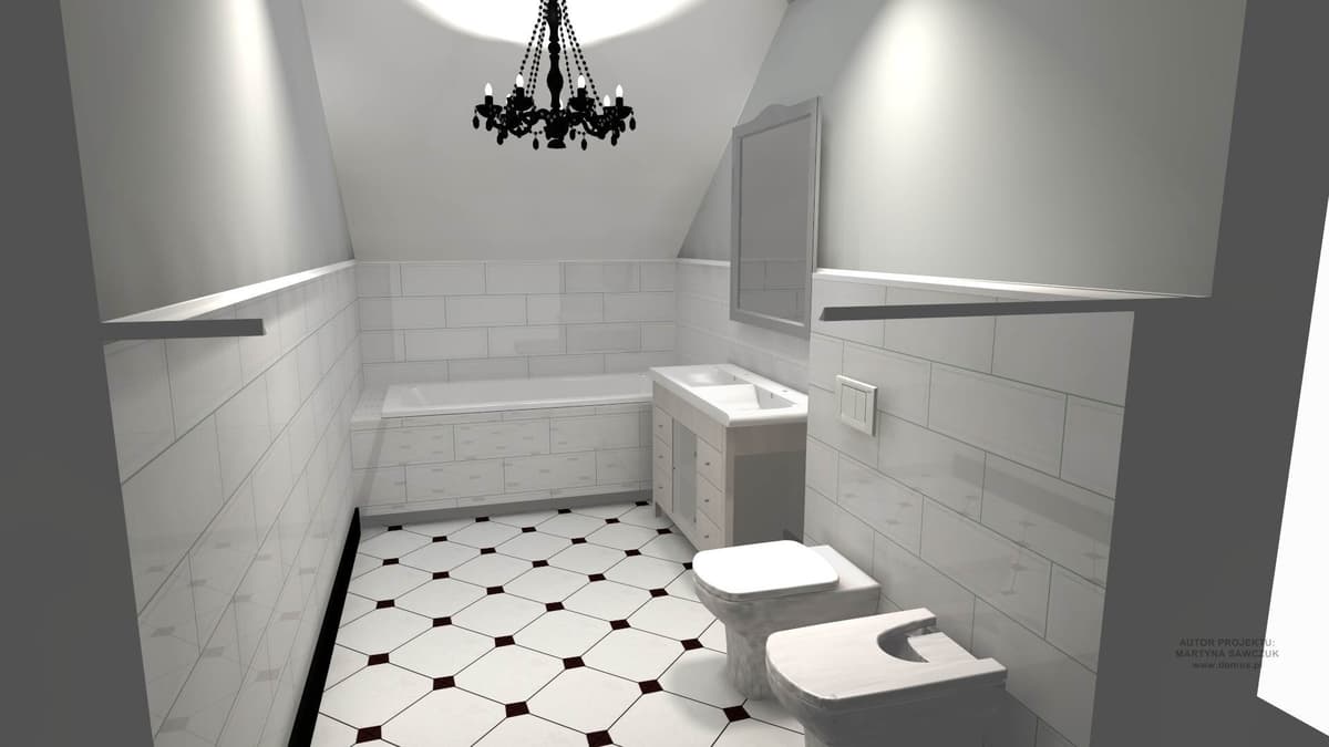 Carrelage uni blanc avec motifs géométriques hexagonaux sur sol de salle de bain moderne avec meubles blancs et lustre élégant