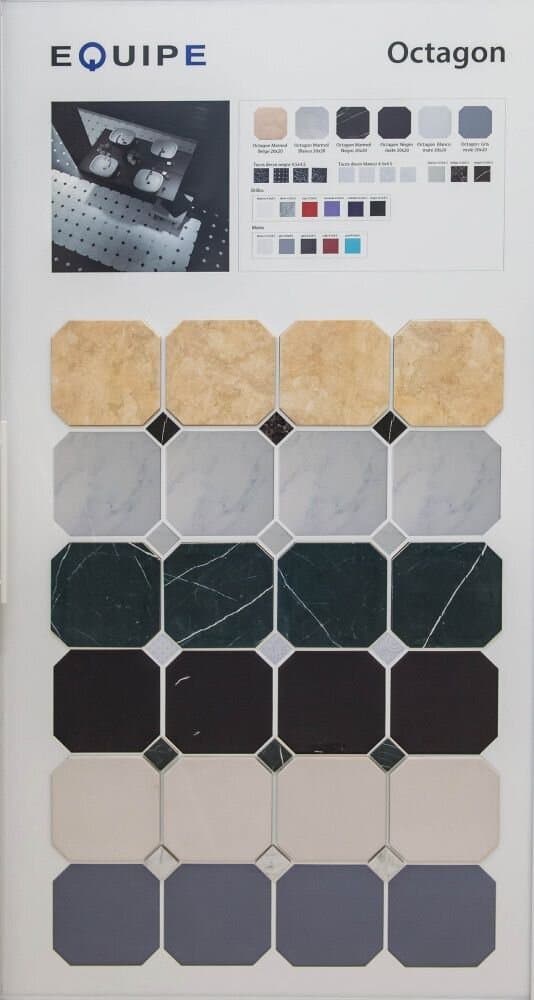 Carrelage marbre noir brillant et veines blanches échantillon octogonal 20x20 cm