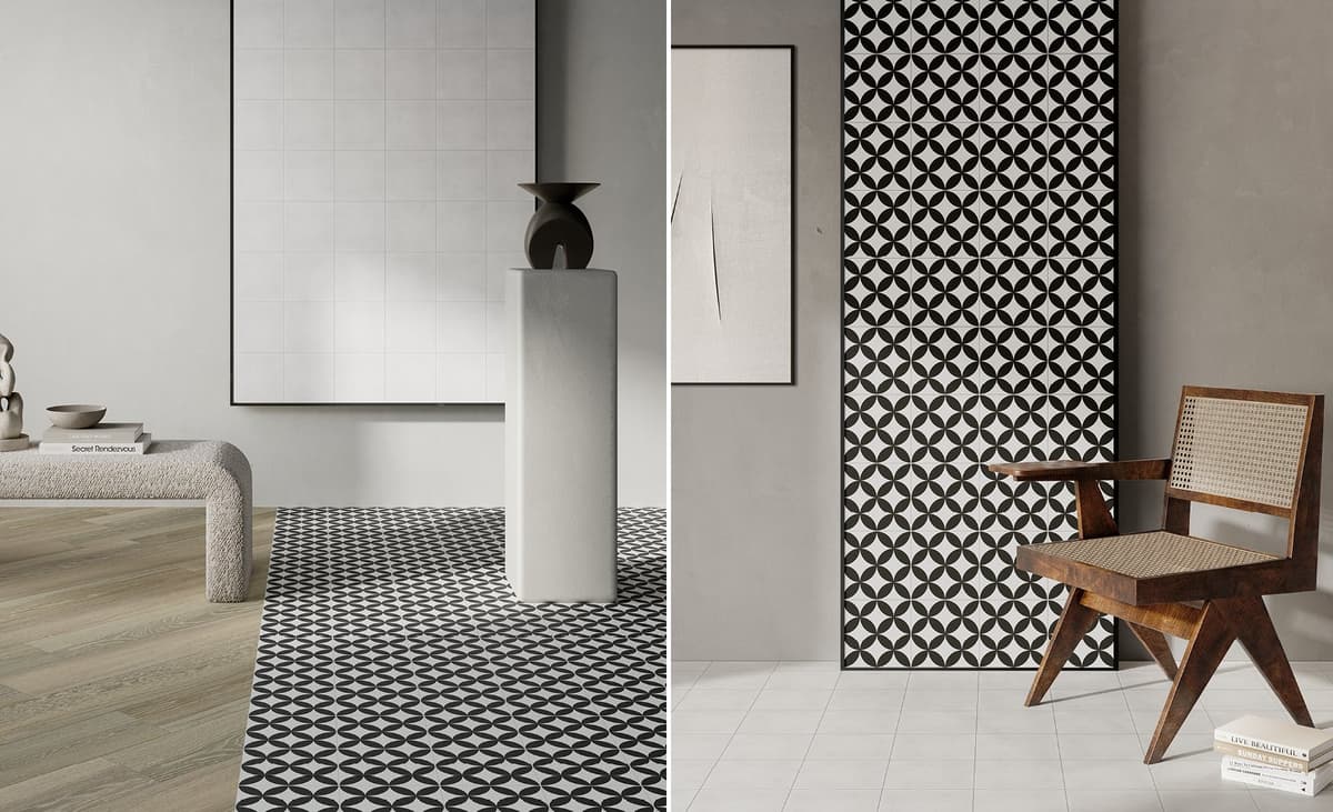 Carreau de ciment noir et blanc motifs géométriques 20x20 cm dans un salon contemporain avec mobilier bois et parquet clair