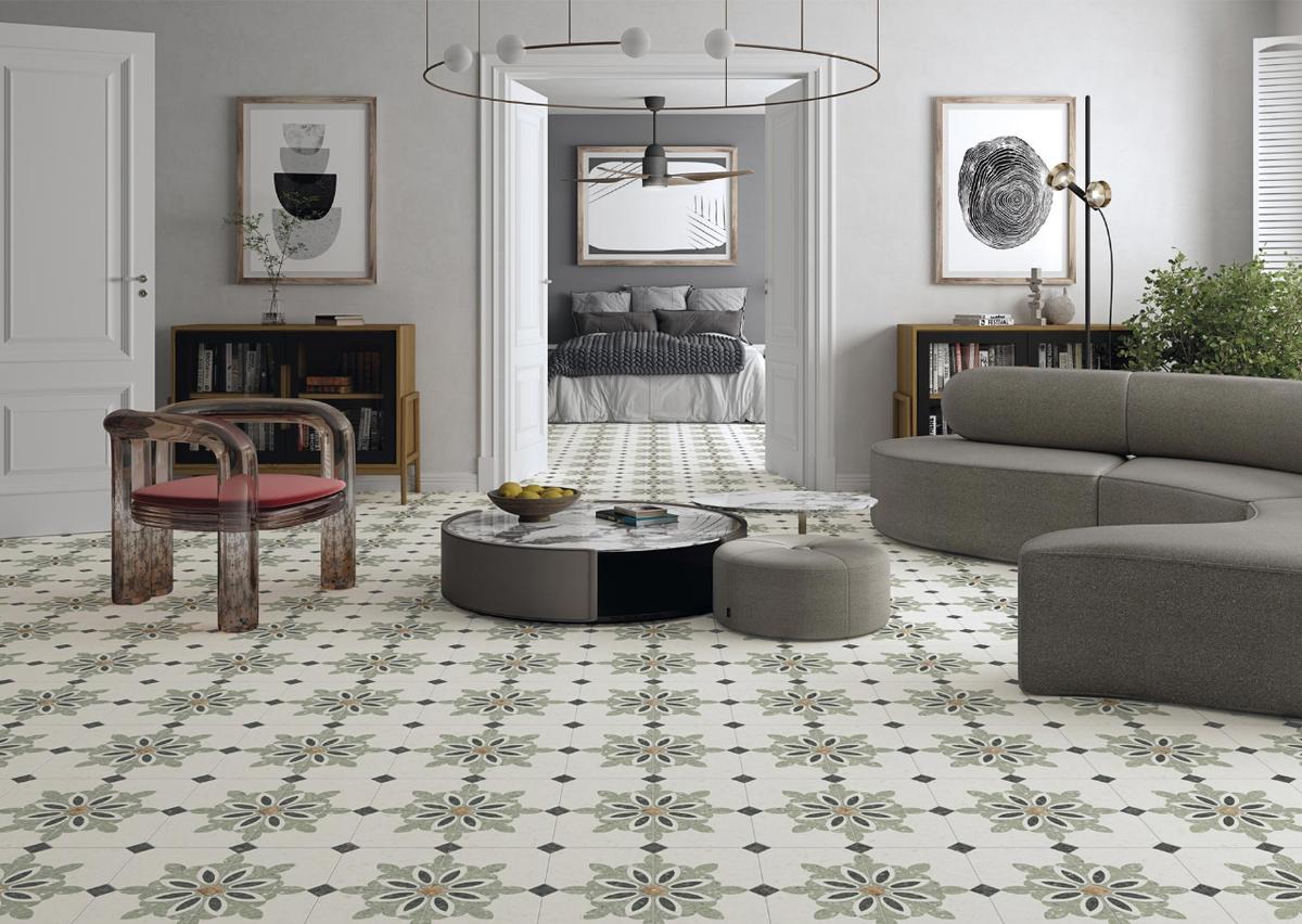 Carrelage Terrazzo vert avec motifs floraux 20x20 cm dans un salon moderne tons gris avec mobilier contemporain et éléments décoratifs