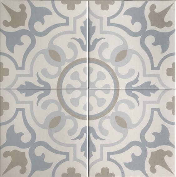 Carreau de ciment bleu nuances de gris et beige motifs floraux et géométriques 20x20 cm