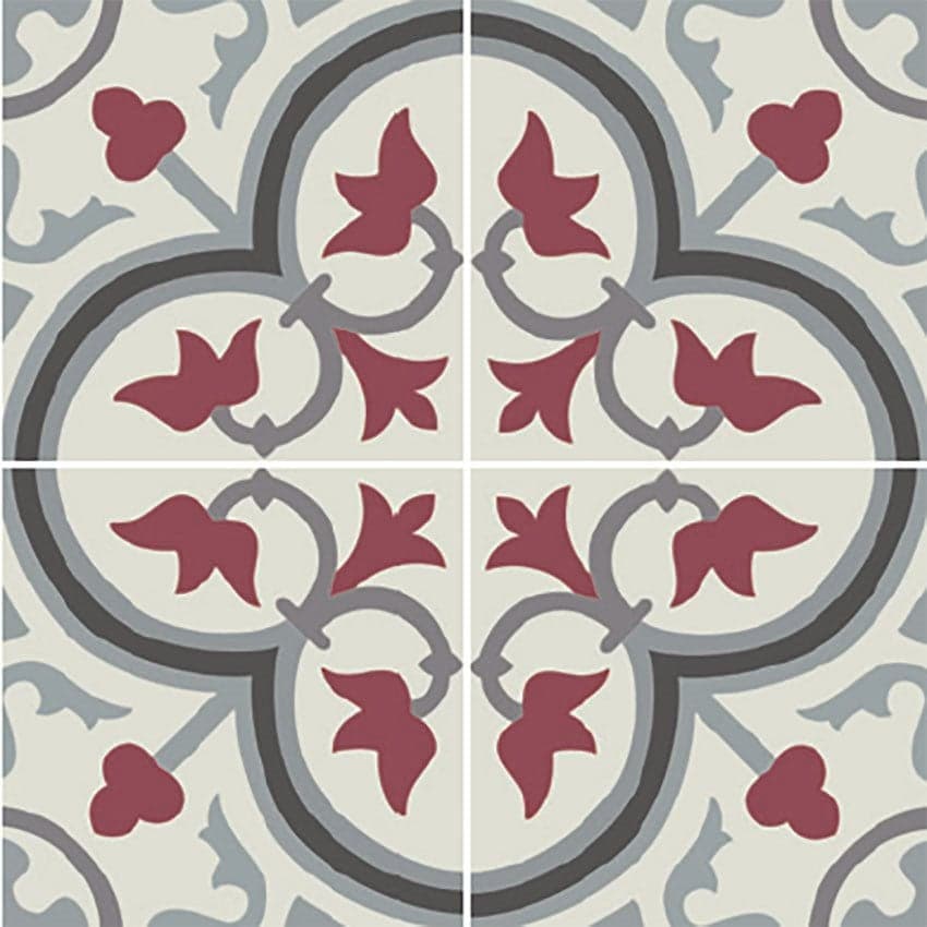 Carreau de ciment rouge aux motifs floraux gris et beige 20x20 cm