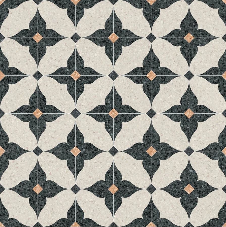 Carrelage Terrazzo noir avec motifs géométriques blancs et touches de beige 20x20 cm